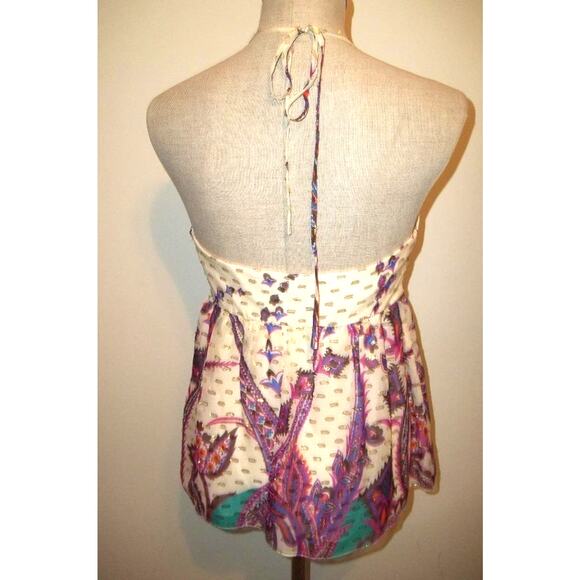 TIBI Cream-Gold & Multi-colored Floral Print Silk Halter Top Blouse Shirt 6 - Picture 4 of 11
